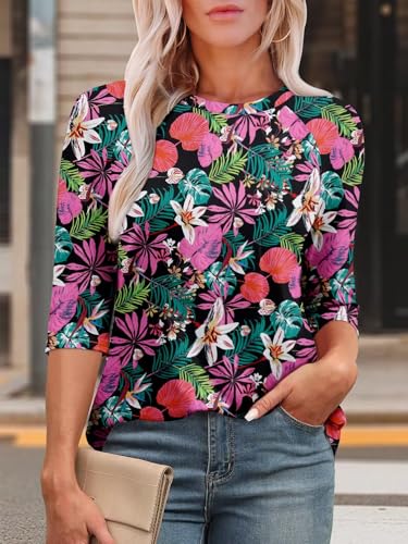 KISSMODA Tunic Tops for Women Loose Fit Dressy Round Neck Pleated 3/4 Length Sleeve Spring Tops