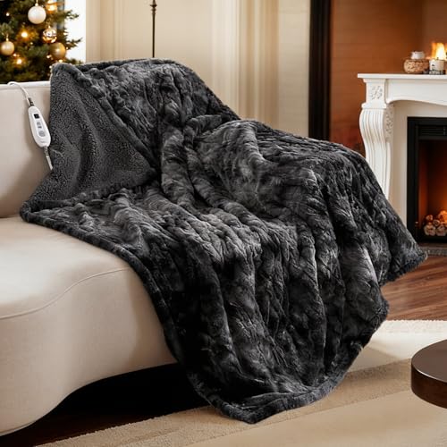 Image of Bearhug Heated Throw Blanket 50 inch x 60 inch Electric Throw Warming Blanket Reversible Faux Fur & Sherpa, 6 Heating Levels & 4H Auto Off, Over-Heat Protect, ETL, Washable Heated Blanket Marble Black