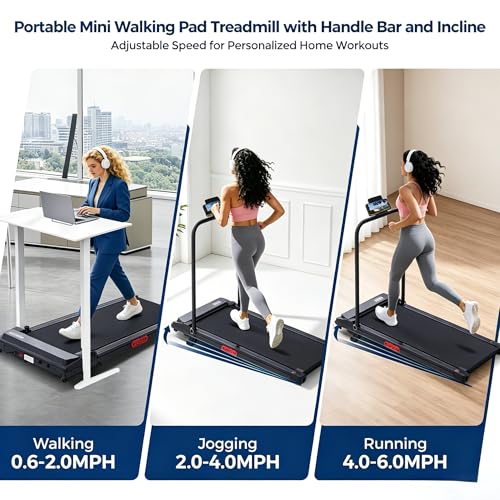 Image of Portable Treadmill with Incline, Walking Pad with Handle Bar for Home, Small Walking Pad Treadmill with Incline and Handles, 3.5HP Electric Mini Treadmills for Home Exercising, 0.6-10MPH, 400LBS