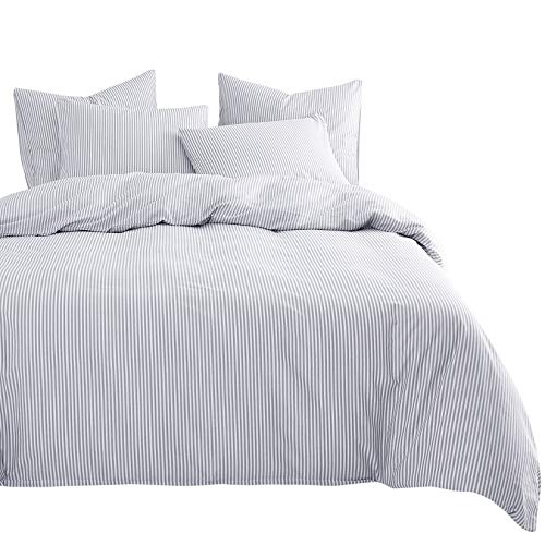 Wake In Cloud - Gray White Striped Comforter Set, 4 Pillow Cases, Grey White Vertical Ticking Stripes Modern Pattern Printed, 100% Cotton Fabric with Soft Microfiber Inner Fill Bedding (King Size)