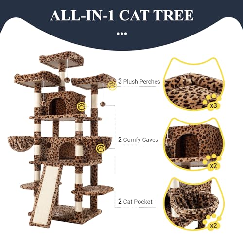 Image of Allewie 68 Inches Cat Tree /House and Towers for Big Feline /Scratching Post /Multi-Level Large Kitty Climbing Tree with Condo /Leopard Print