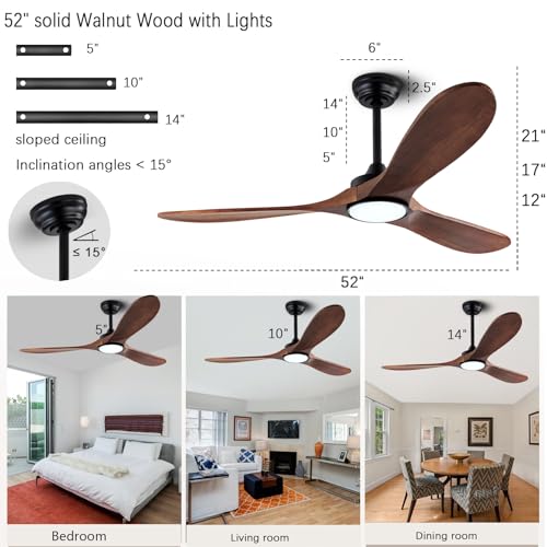 Image of QUTWOB 52 inch 3-Blade Wood Ceiling Fan with Light & Remote, Indoor Outdoor | solid wood blades, quiet dc inverter motor, 6-speed reversible remote, 3-color led light, for indoor outdoor patio garage