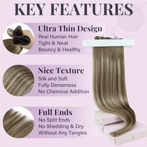 Fshine Hand Tied Genius Weft Hair Extensions Color Chestnut Brown Fading to Platinum Blonde Human Hair Extensions for Women Genius Weft Extensions for Thin Hair 16 Inch 50g - Image 4