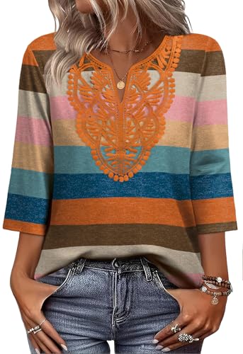 Image of WIHOLL 3 /4 Length Sleeve Womens Tops Boho V Neck Lace Shirt Trendy Blouses Dressy Casual Vacation Clothes S-3XL