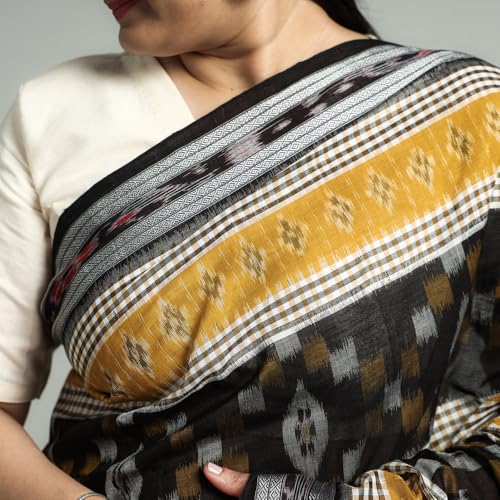 Image of Ikat Women's Pure Cotton Saree Traditional Craftsmanship Double Ikat Weaving Floral Handmade Ethnic Saree without Blouse Piece