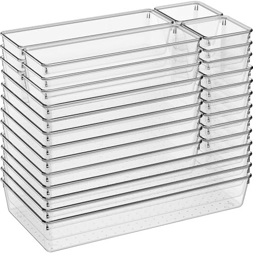 Large Clear Plastic Drawer Organizer 28 Pack - 5 Sizes (XL to small) Acrylic Drawer Organizer Trays for Kitchen Utensils, Gadgets, Bathroom, Vanity and Makeup, Office - Everything Can Be Organized!