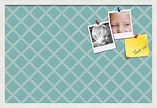 PinPix pin Cork Bulletin Board Made from Canvas, Diamond Modern Pattern Aqua White 30x20 Inches (Completed Size) and Framed in Satin White Frame (PinPix-Group-87)