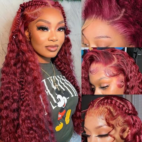 YFFSSJFC Burgundy Lace Front Wigs Human Hair Wigs for Black Women 13x4 Transparent Lace Frontal Wig 99j Deep Wave Wigs Glueless Wet And Wavy Red Colored Curly Human Hair Wig Pre Plucked (26 Inch)