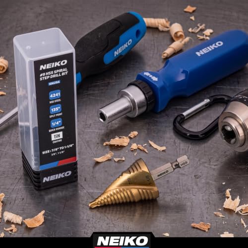 Image of NEIKO 10629A Step Drill Bit, 2 Steps 7 /8 inch to 1-1 /8 inch Spiral High Speed Steel, Titanium Nitride Coated, 1 /4 inch Quick Change Step Bits for Steel, Metal, Wood, Plastic, Unibit Cone Drill Bits, Two Flute