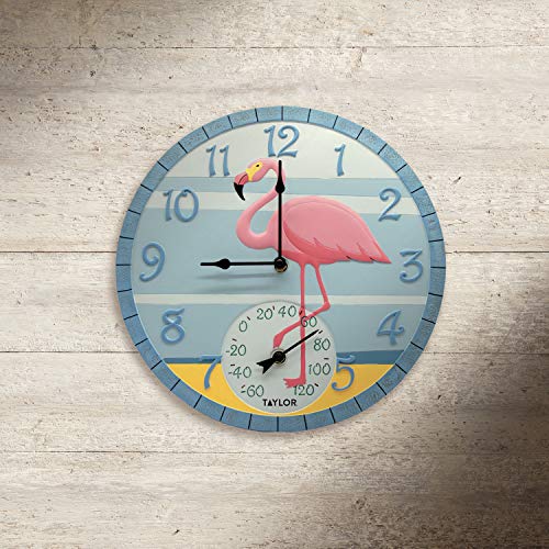 Taylor Flamingo Poly Resin Indoor and Outdoor Clock and Thermometer, Wireless Thermometer with Easy to Read Large Numbers for Patio, Pool, and Indoor Areas, 14-inch, Multi-Color
