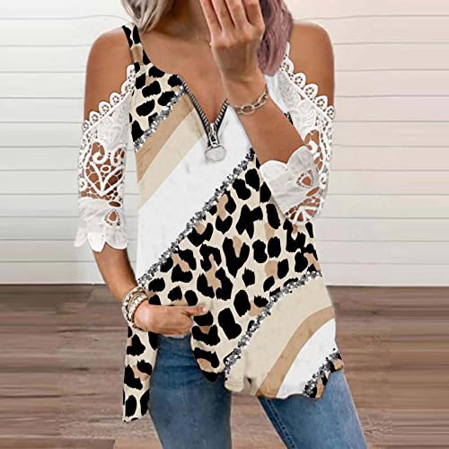 Cold Shoulder Tops Shirt For Women Sexy Zipper V Neck Leopard Print Off-Shoulder Tshirt Lace Half Sleeve Tunic Blouse #TOP1