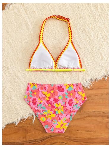 Girl's 2 Piece Floral Print Swimsuits Halter Triangle Bikini Boho High Waisted Bathing Suit2
