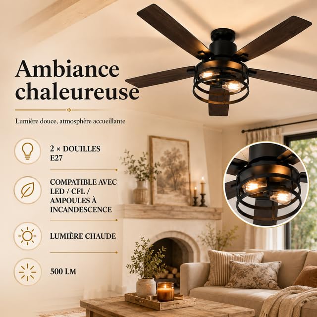 Rosnek Ventilateur Plafond avec Lumière et Télécommande, Ventilateur Silencieux en Cage 132 cm, 6 Vitesses & Minuterie, Moteur DC Réversible, 5 Pales en Bois Réversibles pour Chambre Salon Terrasse