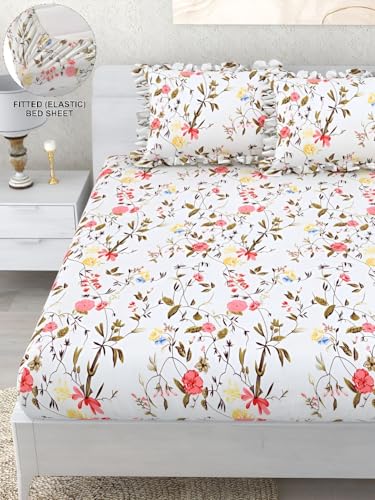 Image of VOMZER Queen Size (60x78) 300 TC Soft Cotton Feel Microfiber All Around Elastic Fitted Double Bedsheet with 2 Frill Pillow Covers | White Leaf