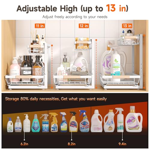 Sevenblue 2 Pack Under Sink Organizer, Height Adjustable 2 Tier Under Sink Organizer Kitchen, Multi-Purpose Storage Shelf for Kitchen Bathroom Cabinet (White, Large) by Sevenblue - Image 2