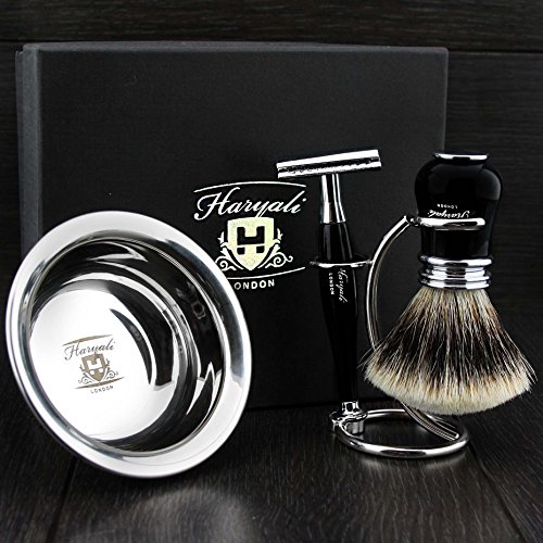 Ready to Use 4 Pcs Men's Shaving Set with Double Edge Safety Razor, Sliver Tip Badger Hair Brush, Stand and Steel Soap Bowl