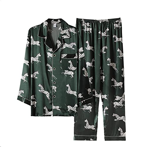CYGE Mens Silk Satin Pajamas Long Sleeve Printing Loungewear 2-Piece Sleepwear Button-Down Pj Set M-4XL