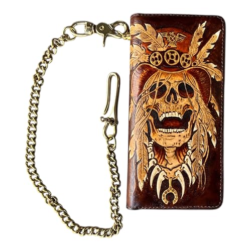 Handmade Skull Leather Carving Long Wallet, Long Wallet, Hand-carved, Leather Carving Wallet with Bronze Chain2