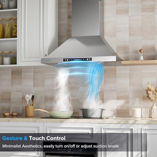 Image of IKTCH 36 inch Wall Mount Range Hood, 390 CFM Low Noise Kitchen Vent Hood, Ducted /Ductless Convertible, Kitchen Chimney Vent Stainless Steel with Gesture Sensing & Touch Control Switch Panel