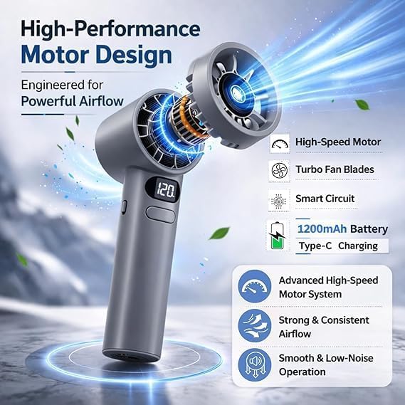 Image of Portable Handheld Fan (Multi-Color) - 120 Speed Stepless Adjustable Mini Turbo Fan, Rechargeable 1800mAh Battery, LED Digital Display, Type-C Fast Charging Desk Fan for Travel & Office
