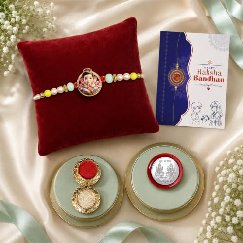 Image of Oblivion Rakhi For Brother - Elegant Stylish God Designer Rakhi with Beads and Silver Colour Pooja Coin, Tilak Set & Greeting Card - Traditional Raksha Bandhan Combo for Bhai (Ganesha, Variant 4)
