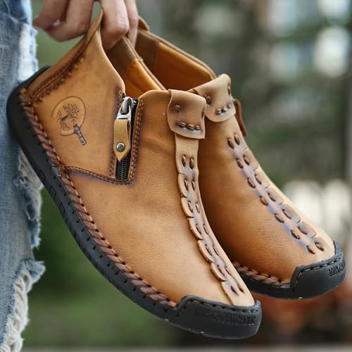 Men's boots Patchwork zipper ankle boots vintage-style rubber soled outdoor shoes hand-sewn work boots3