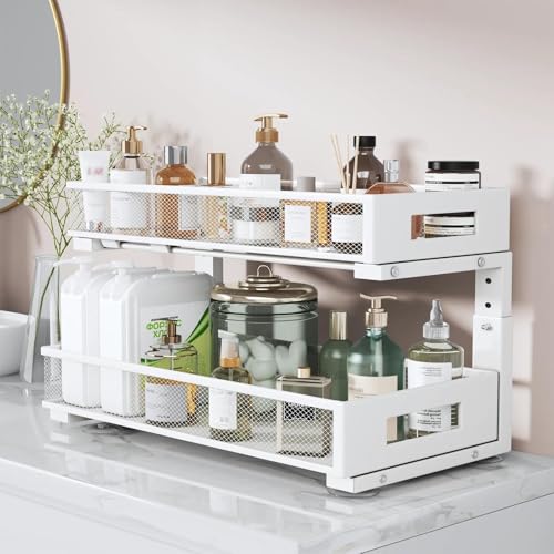 Image of 2 Packs 21IN Depth Under Sink Organizer, 2-Tier Pull Out Cabinet Organizer With Smooth Circular Rail, Large Capacity Metal Mesh Sliding Drawers For Bathroom& Kitchen Storage,Height Adjustable -White
