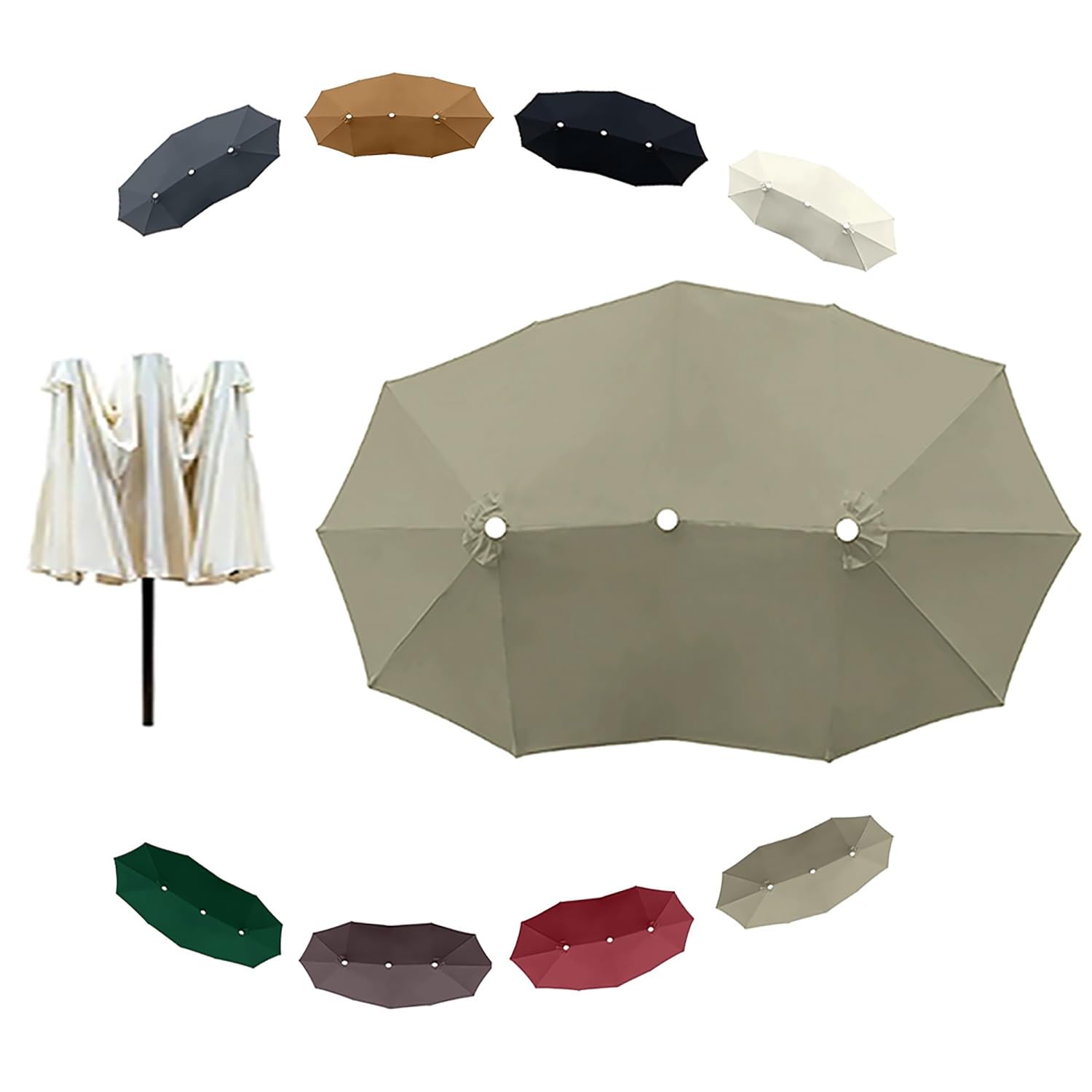 Sombrilla doble de patio con tela rota, solución con toldo de recambio impermeable taupe
