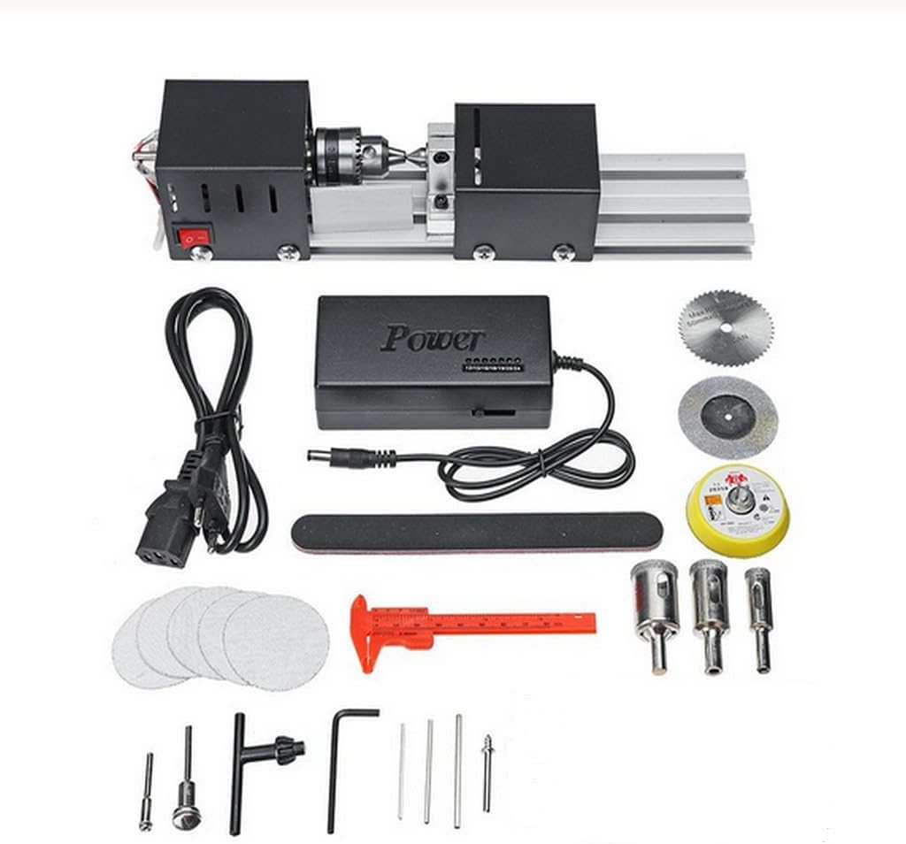 Mini Lathe Beads Polisher Machine DIY CNC Machining for Table Woodworking Wood DIY Tool Lathe Standard Set 6 in 1 (Black)