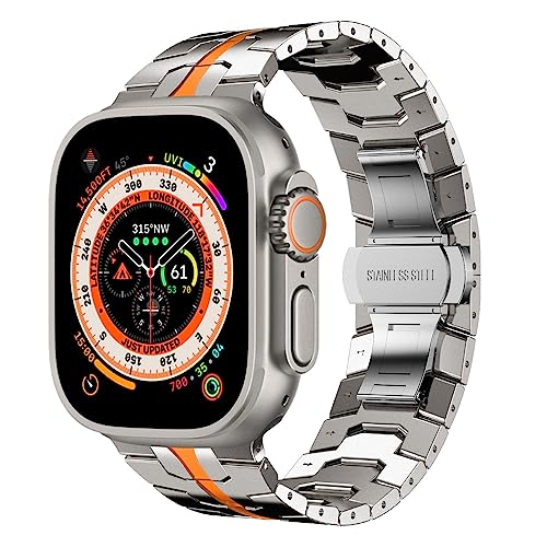 Fullife Compatible with Apple Watch Straps 49mm 46mm 45mm 44mm 42mm(Series 3 2 1) Metal Strap,Stainless Steel Replacement Band for iWatch Ultra 3 2 1 Series 11/10/9/8/7/6/5/4/3/2/1/SE,Titanium/Orange