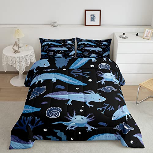 Feelyou Cartoon Axolotl Comforter Kawaii Axolotl Comforter Set 3D Animals Theme Bedding Set for Kids Adults Salamander Black Blue Duvet Set Ultra Soft Room Decor Quilt Set Twin