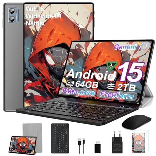 SUAAT Android 15 Tablet 10 Pulgadas, 30GB RAM+2TB TF, Widevine L1,Gemini AI, 6000mAh Batería, Tablet WiFi 6/8MP+5MP/Octa Core/GMS Certified/BT5.0,Incluye ratón + Teclado + Funda Protectora(Gris)