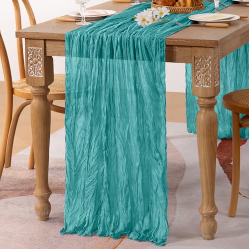 Image of MLMC 3 Pack Teal Table Runner 10ft Rustic Summer Cheesecloth Table Runner Gauze Cheese Cloth Centerpiece Decororations 35x130 Inches for Wedding Baby Shower Outdoor Picninc Decor