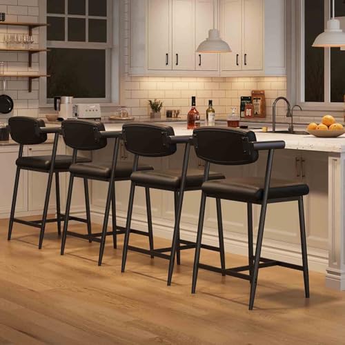 Image of GarveeHome Counter Height Bar Stools of 4 with Armrests, 4 Piece Counter Height Bar Stools Set with Wood Back, Upholstered Seat & Metal Footrest for Kitchen Islands, Counter Bars, Retro Black