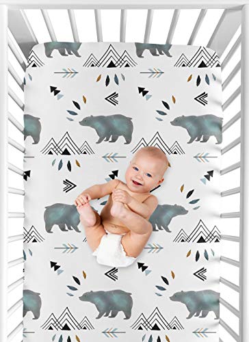 Image of Sweet Jojo Designs Slate Blue Bear Mountain Boy Baby Fitted Crib Sheet Set Nursery Soft Infant Newborn Fits Standard Mattress or Toddler Bed - 2pc - Black and White Watercolor Woodland Forest Animal