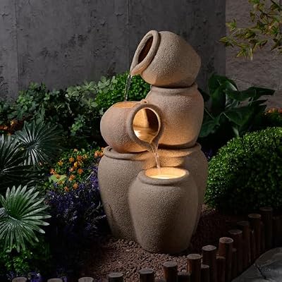 Puulye 29.53” H 3-Tiers Cascading Jars Outdoor Water Fountain Made with Eco-Friendly Recyclable Materials, Polyethylene Waterfall Fountain, Outdoor Decor with LED Lights for Patio, Backyard