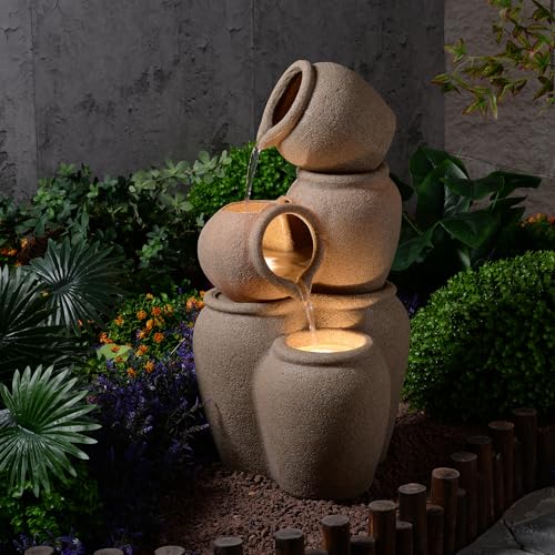 Puulye 29.53” H 3-Tiers Cascading Jars Outdoor Water Fountain Made with Eco-Friendly Recyclable Materials, Polyethylene Waterfall Fountain, Outdoor Decor with LED Lights for Patio, Backyard by PUULYE - Used condition - US$148.29