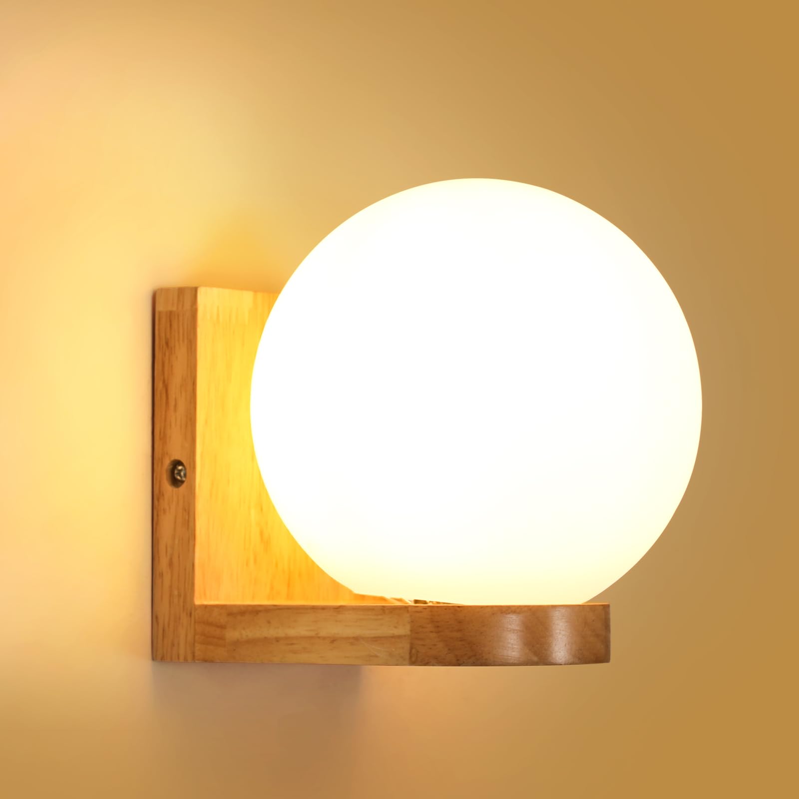 DELIPOP Aplique Pared Interior Vintage, Moderna Lámpara de Pared de Madera E27, Máx. 60W, Iluminación Interior Luz de Pared con Pantalla de Vidri para Sala de Estar, Dormitorio, Pasillo