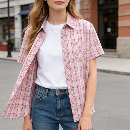 Image of SANGTREE Girls and Women Plaid Shirt Short Sleeve Button Down Summer Blouses Tops