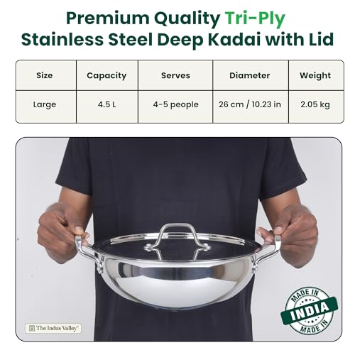 Image of The Indus Valley Triply Stainless Steel Deep Kadai /Kadhai 4.5 LTR with Stainless Steel Lid | 26 cm /10.23 inch, 2.05kg | Induction Friendly | Nonstick 3-Layer Body, 100% Pure & Toxin-Free