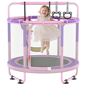 CZCPARY Kindertrampolin, Trampolin für Kinder,Indoor Trampoline Kinder，mit Basketballkorb, Schaukel, Zugring, geeignet für Innen- und Außenbereich, Geburtstagsgeschenke (rosa-violett)