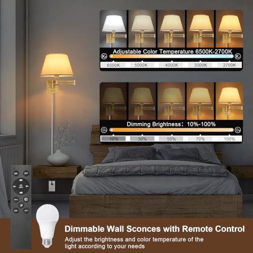 Image of TRLIFE Remote Control Dimmable Wall Sconce, Adjustable Color Temperature 2700K-6500K Brushed Brass Swing Arm Wall Lights with Plug in Cord, 11.8 inch Large White Shade(2 Pack, Oak Color)