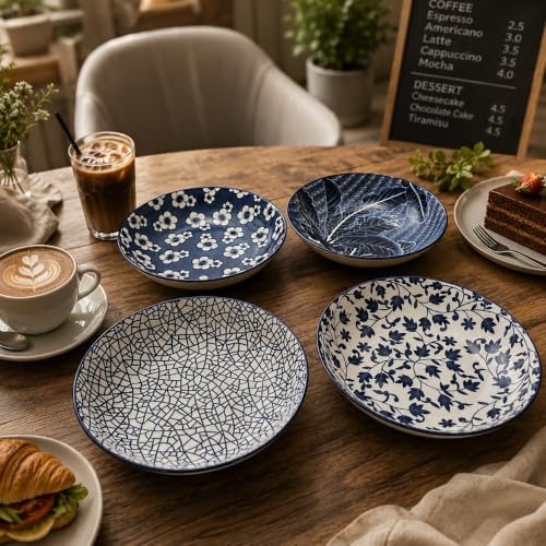 Image of Ceramic Pasta Plate, 20.4 cm Porcelain Dinner Plates, Microwave & Dishwasher Safe, Food Grade Ceramic, Deep Serving Plate for Pasta, Salad, Soup, Curry & Noodles (blue-and-white RANDOM MIX, PACK OF 2)