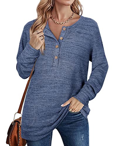 NIASHOT Tunic Sweaters for Women Long Sleeve Shirts Buttons Fall Tops Tunic Tops to Wear with Leggings Navy XL