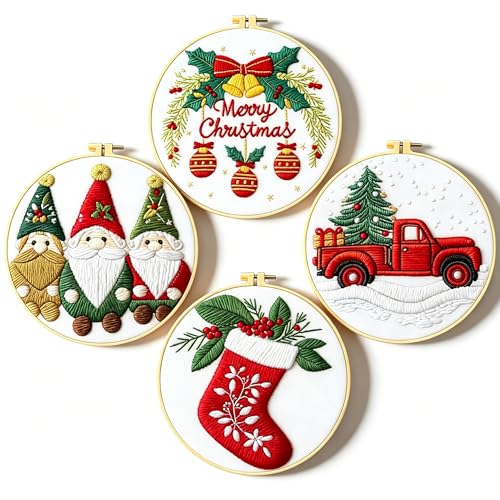 Image of Zhenqing Christmas Embroidery Kit for Beginners - 4 Piece 29x29cm Round Hoop Art with Pre-Printed Cotton Fabric, Embroidery Hoop, Threads & Tools (Merry Christmas, Stocking, Truck, Gnomes)