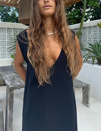 Image of Lviefent Womens Linen Mini Dress Summer Low V Neck Sleeveless Beach Sunshine Cotton Linen Mini Dress (Black-L)
