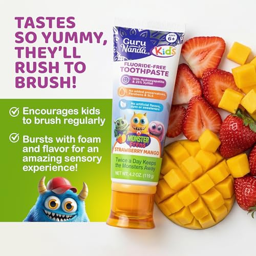 Image of GuruNanda Kids Toothpaste with 2% Hydroxyapatite & 25% Xylitol, Fluoride-Free, Strawberry Mango Flavor, Safe if Swallowed, Gentle & Safe for Young Teeth & Gums, 4.2 oz (Pack of 2)