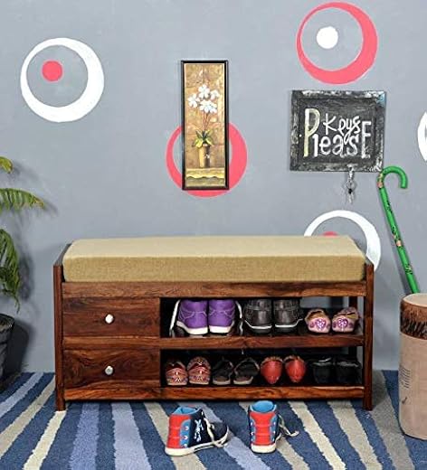 Porash Furniture Sheesham Wood Shoe Rack Cabinets Shoes Storage Table with 2 Shelf 2 Drawers Furniture for Home (Brown Fin...