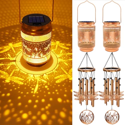Image of 2 Pack Dragonfly Solar Wind Chimes for Outside, Gifts for Mom Women Grandma Birthday Memorial Teacher, 32 inch Windchimes Outdoor Decor Hanging Solar Lantern for Garden Porch Patio Backyard