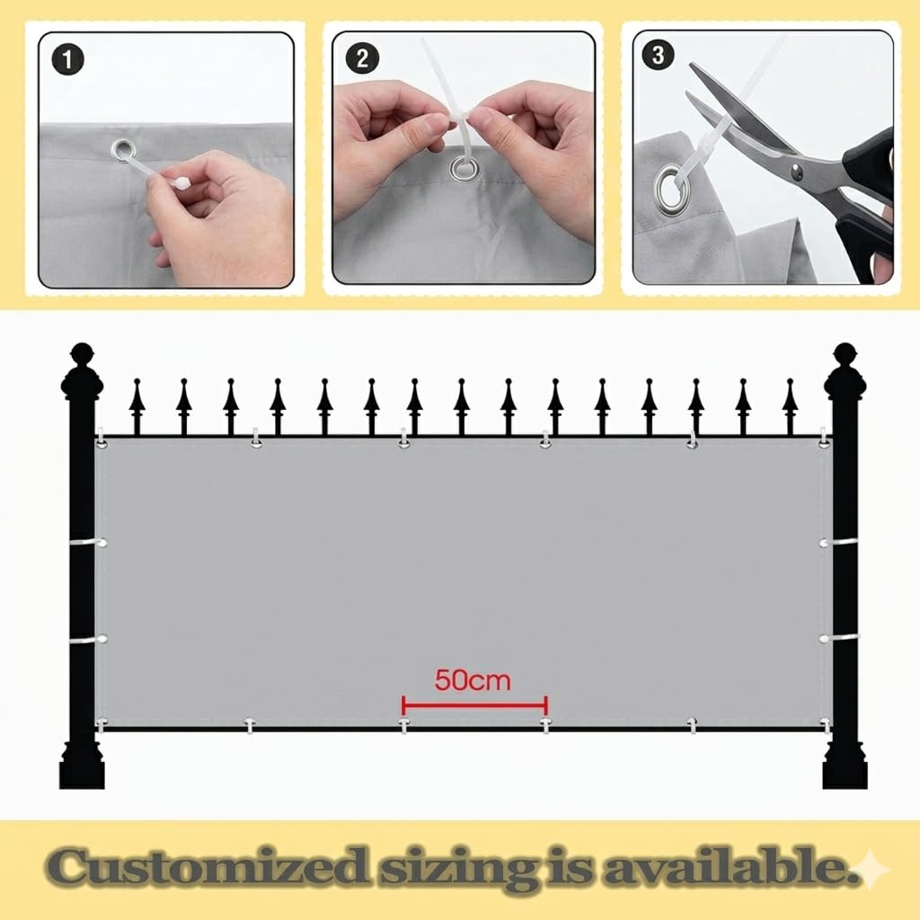 Balkon Sichtschutz 75x700cm 95% UV-Schutz Windschutz Balkonabdeckung Balkonbespannung mit Kabelbinder Und Kordel für Garten, Balkon, Terrasse&Geländer Balkonsichtschutz 75cm hoch, Hellgrau